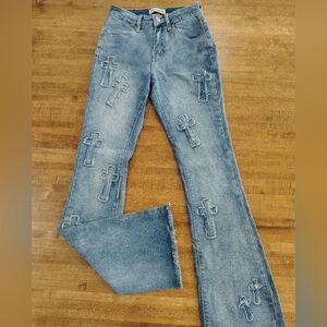 BAMBOO Original Denim Embroidered Cross Blue Denim Frayed Hem Flare Jeans Size 1